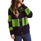 Damen lässige Strickjacke mit modischem Blockstreifenmuster und hochwertigen Knöpfen R&B