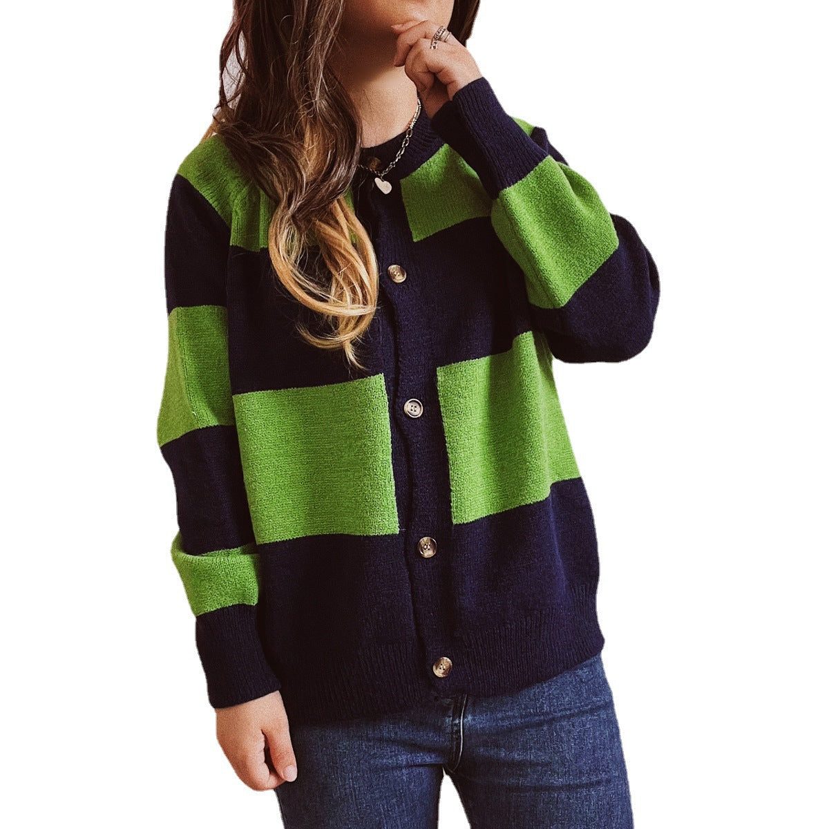 Damen lässige Strickjacke mit modischem Blockstreifenmuster und hochwertigen Knöpfen R&B