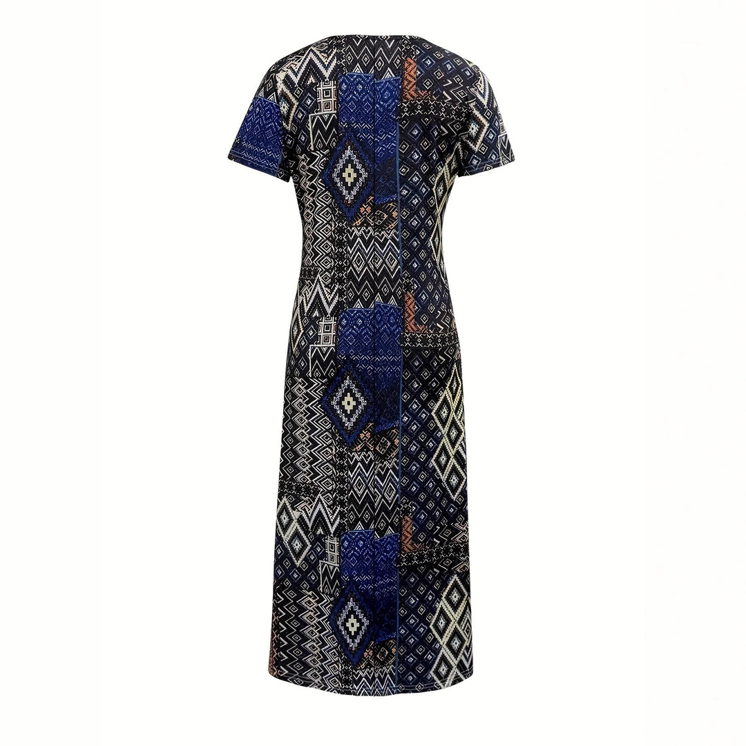 Damen Maxikleid mit geometrischem Muster und V-Ausschnitt R&B