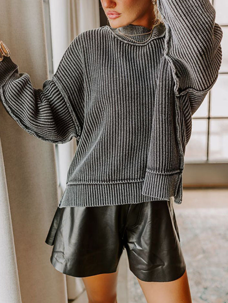 Damen lässiger Strickpullover mit strukturiertem Rippdesign R&B