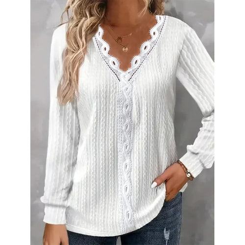 Damen Langarm Bluse mit eleganten Spitzenakzenten und strukturiertem Design R&B