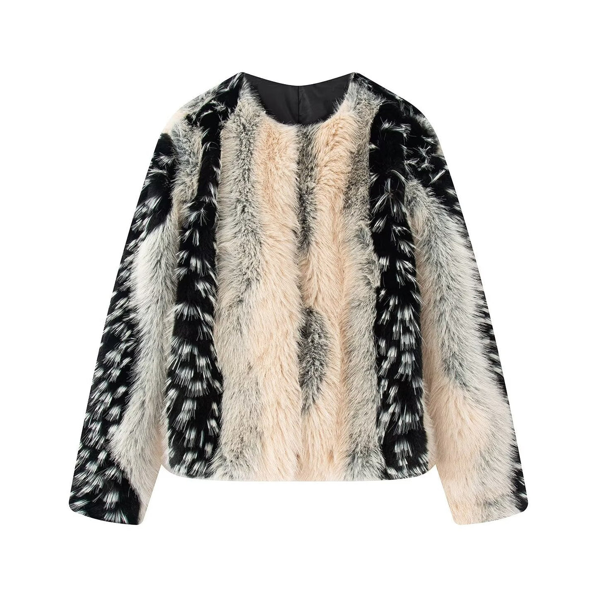 Damen nan kurze Kunstpelzjacke mit kontrastierenden Längsbesätzen und Rundhalsausschnitt R&B
