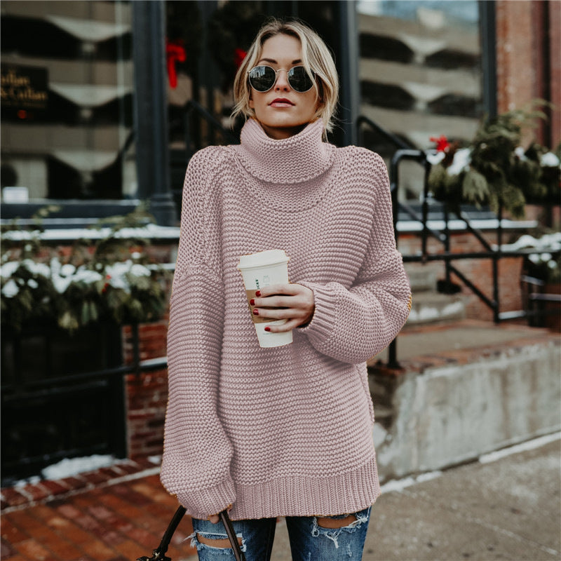 Damen Grobstrickpullover mit hohem Kragen und lässiger Passform R&B