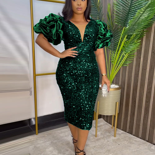 Damen Glamouröses Partykleid mit funkelnden Pailletten und voluminösen Ärmel R&B