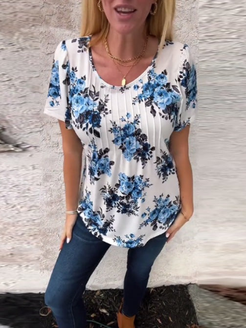 Damen nan locker geschnittenes Kurzarm-Blusenshirt mit Kellerfalten und floralem Druck R&B