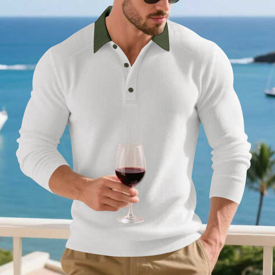 Herren Langarm Poloshirt mit strukturiertem Design und kontrastierendem Stehkragen R&B
