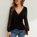 Damen nan elegante Wickelbluse mit Spitzenärmeln und tiefem V-Ausschnitt R&B