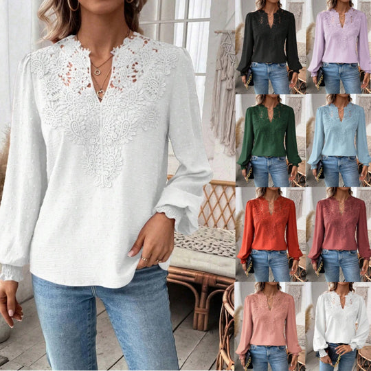 Damen Bluse mit gesticktem V-Ausschnitt und langen Ärmeln R&B