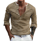 Herren Langarm-Henley-Shirt mit modischen Streifen und praktischen Knöpfen R&B