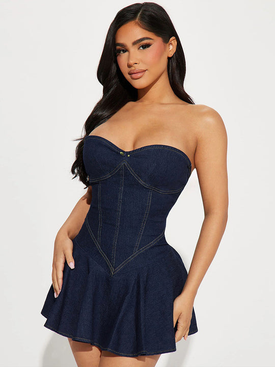 Damen Jeanskleid im Korsett-Stil mit schwingendem Rock R&B