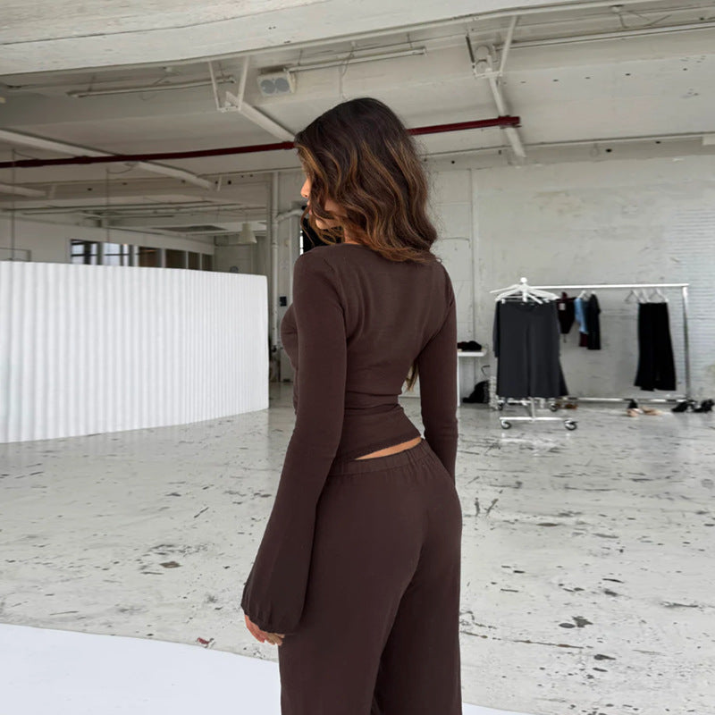 Damen lockerer Jumpsuit mit Wickeldesign und langen Ärmeln R&B