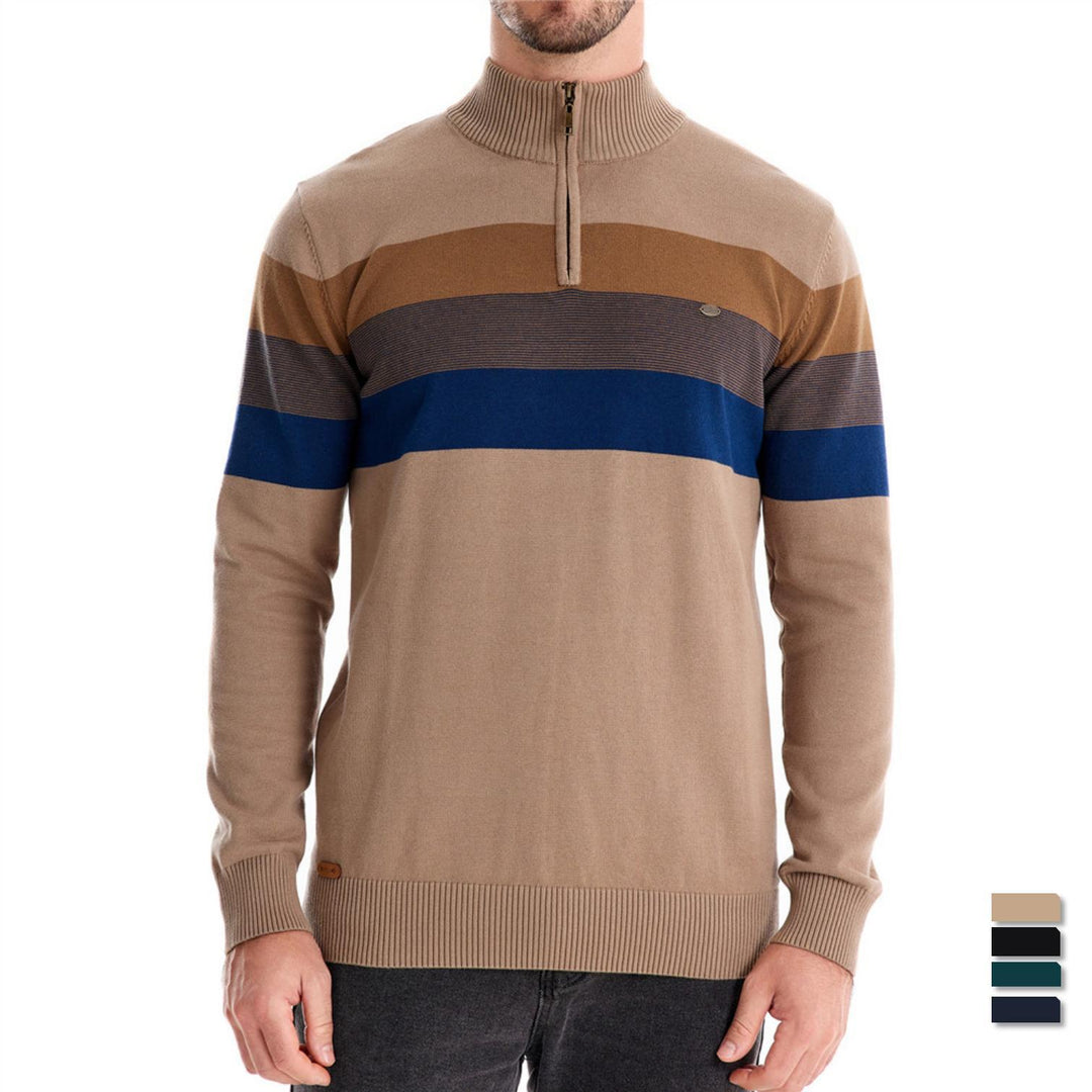 Herren Strickpullover mit modischem Stehkragen und feinen Streifen R&B
