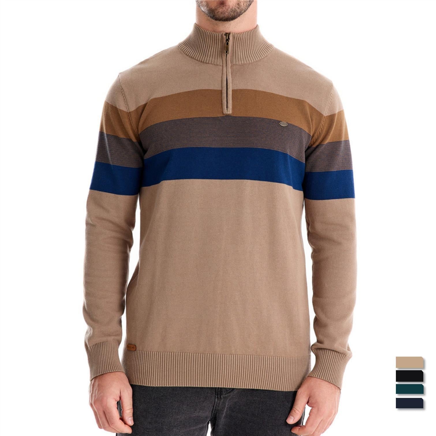 Herren Strickpullover mit modischem Stehkragen und feinen Streifen