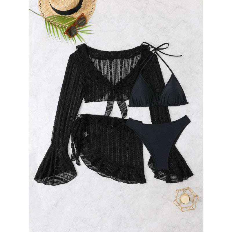 Damen Bikini-Set mit transparentem Oberteil, hohem Taillenslip und luftigem Rock R&B