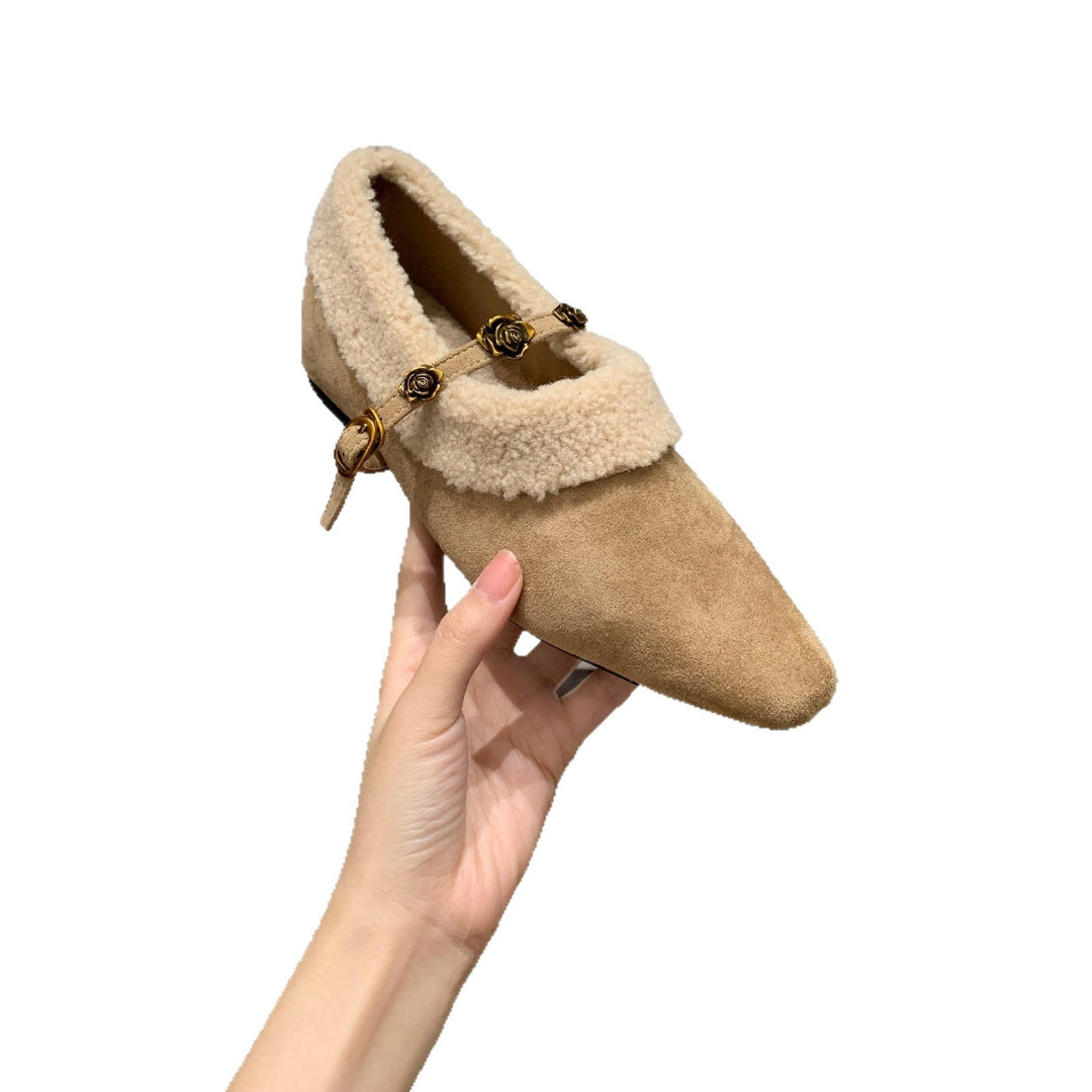 Damen elegante Slipper mit dekorativem Kunstfellkragen und goldenen Akzenten R&B