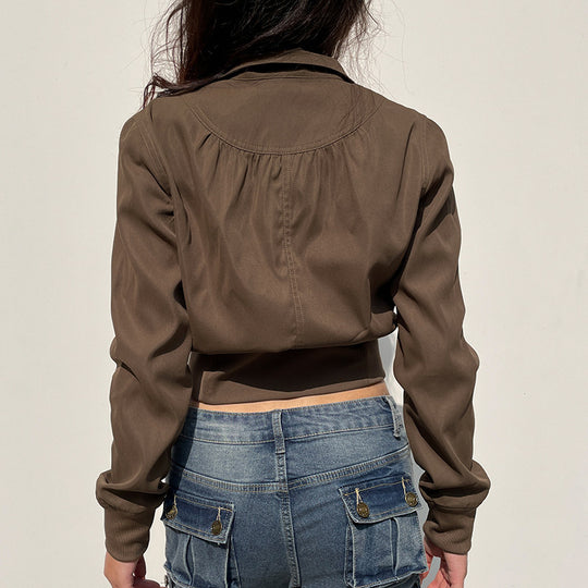 Damen modische cropped Jacke mit Stehkragen und Reißverschluss R&B