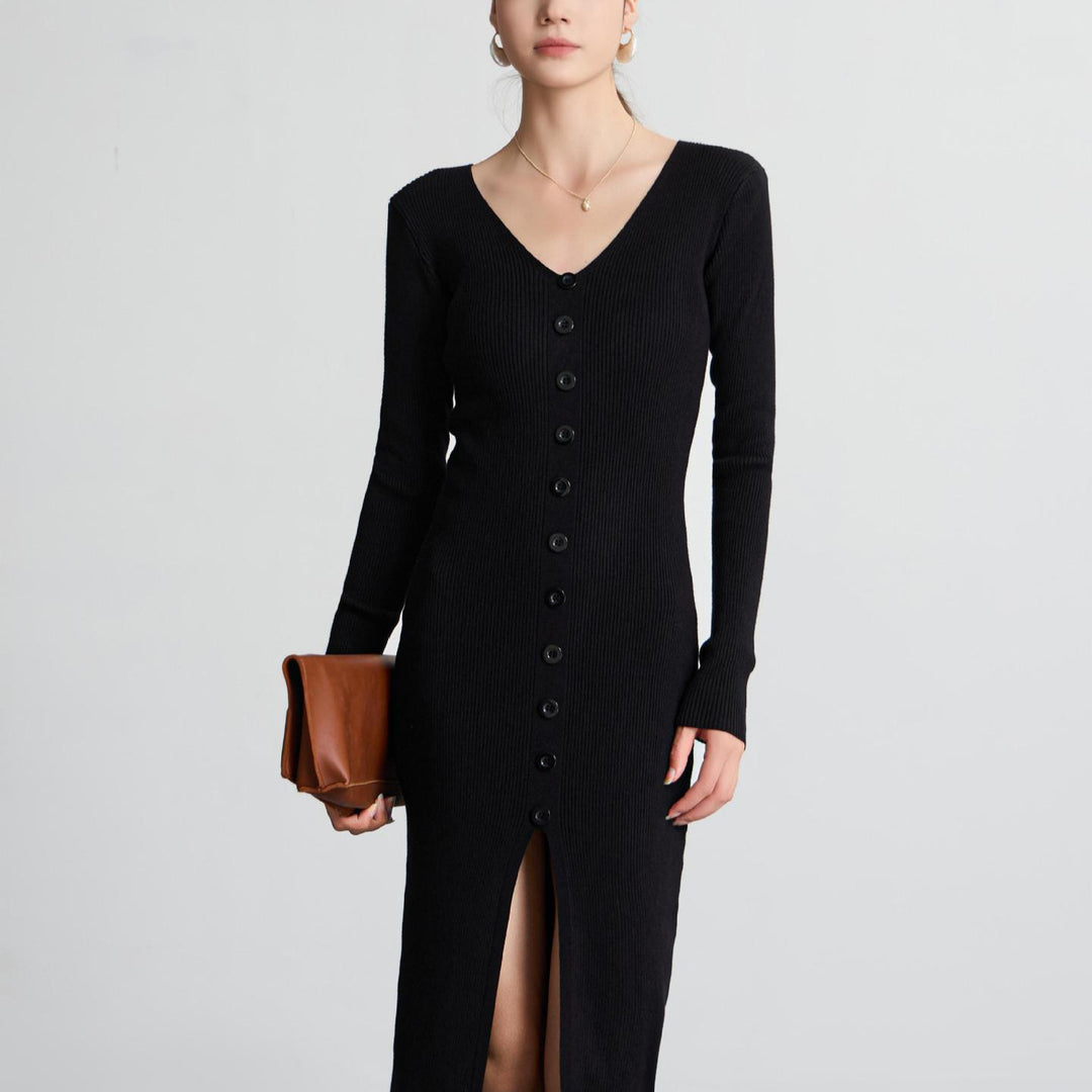 Damen Langes Strickkleid mit V-Ausschnitt und durchgehender Knopfleiste R&B