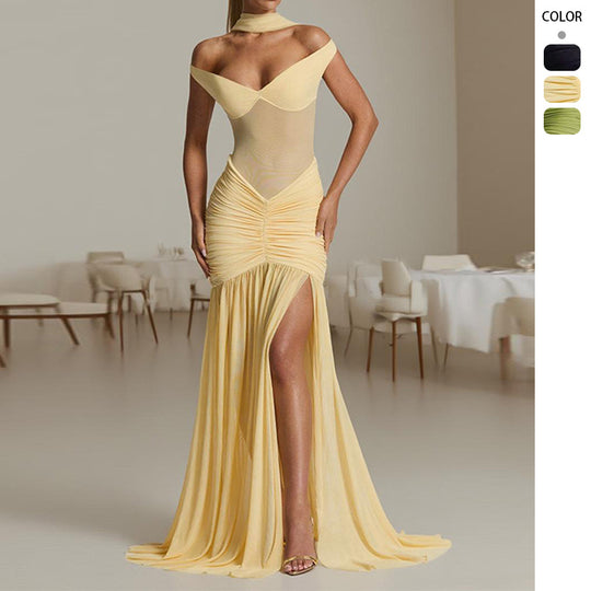 Damen figurbetontes Abendkleid mit schulterfreiem Design und seitlichem Schlitz R&B