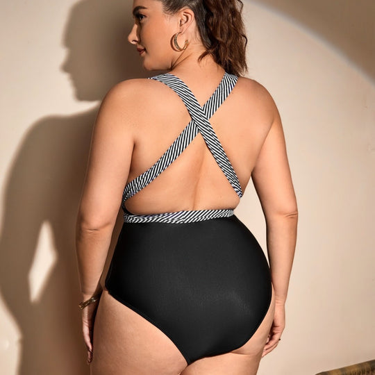 Damen Einteiler Badeanzug mit Wickeldetail und trendigem Streifenmuster R&B