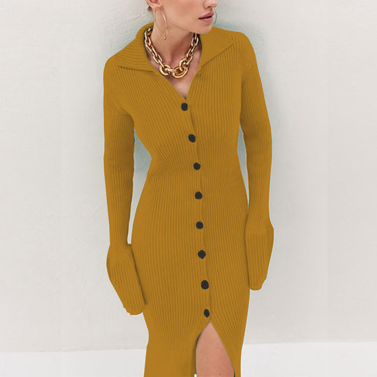 Damen Strickkleid mit modischem Knopfverschluss und elegantem Schlitz R&B