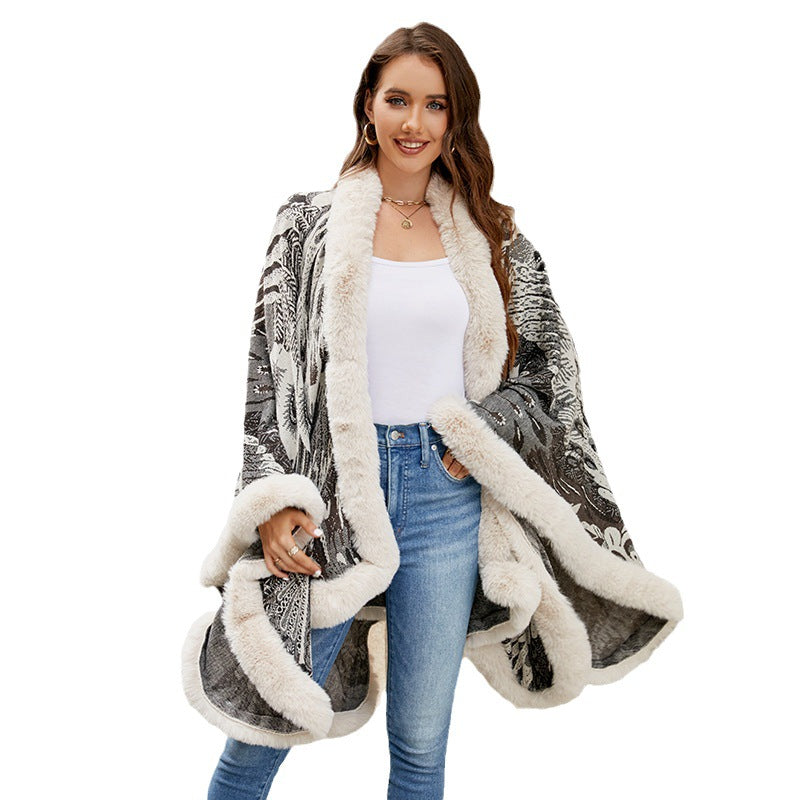 Damen luxuriöser Poncho mit dekorativem Fleece-Wärmeschutz R&B