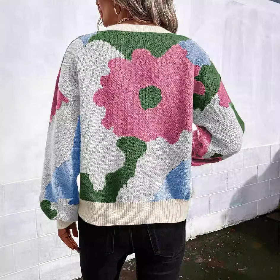 Damen modischer Pullover mit floralem Muster und weiten Ärmeln R&B