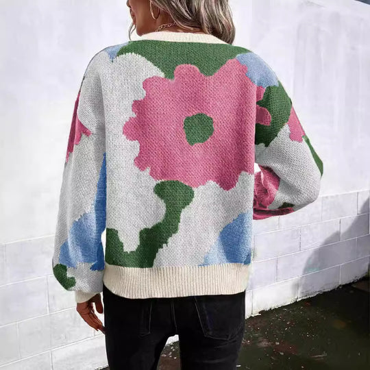 Damen modischer Pullover mit floralem Muster und weiten Ärmeln R&B