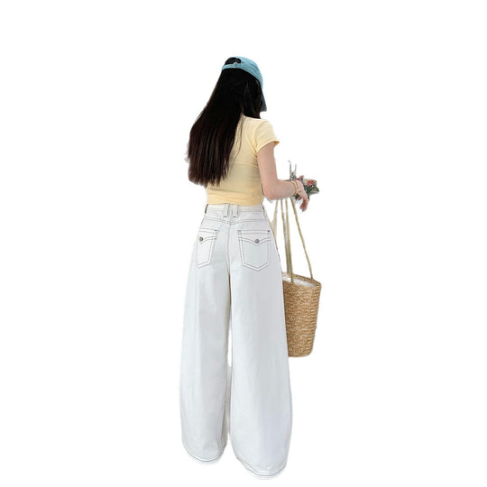 Damen weit geschnittene Denim-Hose mit hohem Bund und lässigem Schnitt R&B
