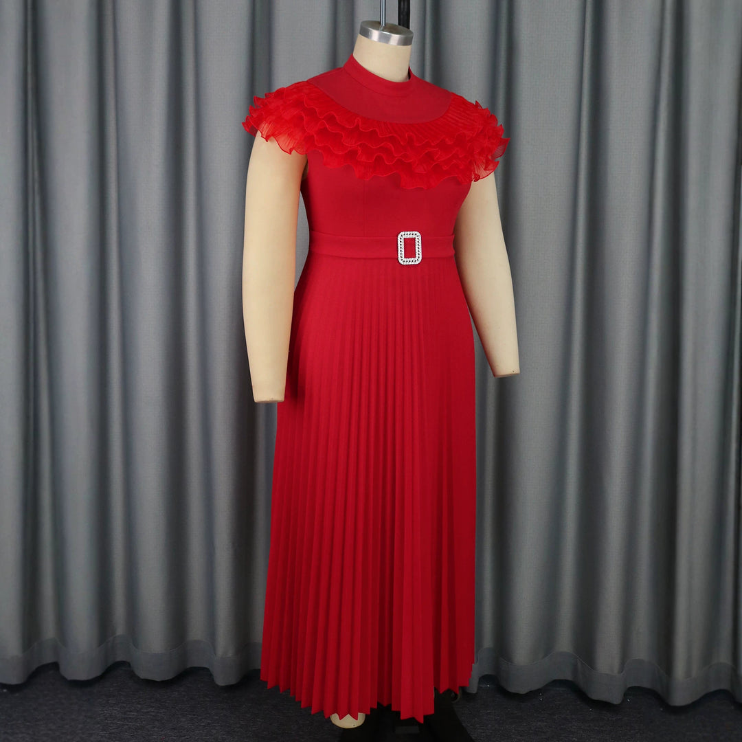 Damen plissiertes Abendkleid mit Volant-Ausschnitt und Taillengürtel R&B