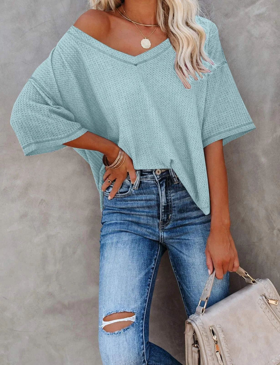 Damen lässiges Oversize-Shirt mit V-Ausschnitt und strukturiertem Muster R&B