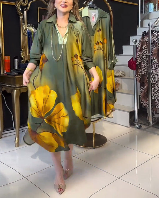 Damen nan oversized Hemdkleid im A-Linien-Schnitt mit Hemdkragen und großflächigem Blumenprint R&B