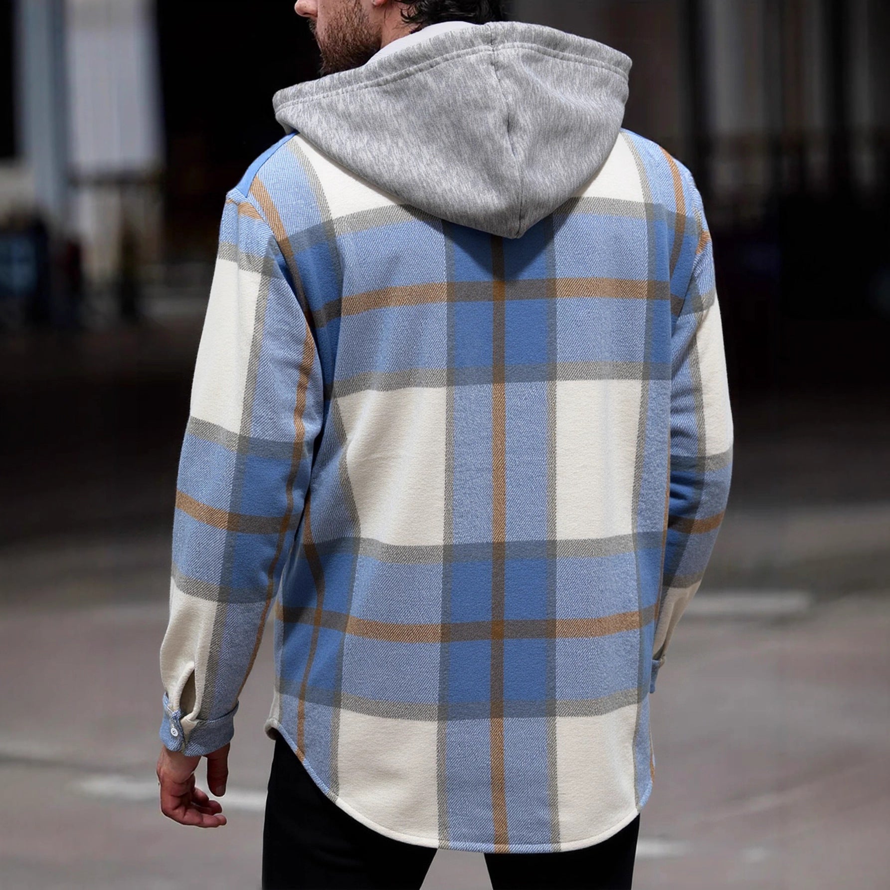 Herren Flanelljacke im lässigen Karomuster mit Kapuze und zwei Taschen R&B