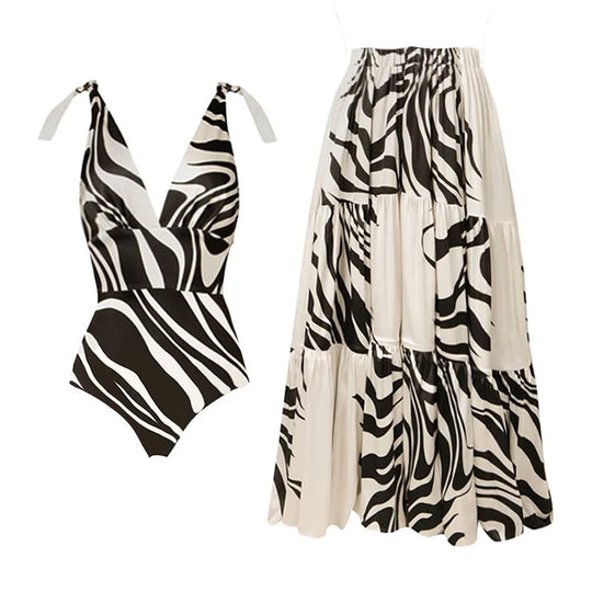 Damen Einteiler Badeanzug mit stilvollem Zebra-Design R&B