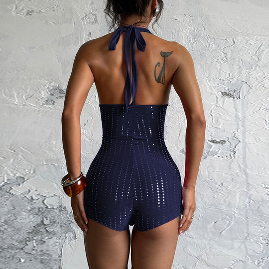 Damen körperbetonter Jumpsuit mit tiefem V-Ausschnitt und schimmernden Akzenten R&B