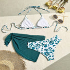 Damen Triangel-Bikini-Set mit floralem Muster und passendem Wickelrock R&B