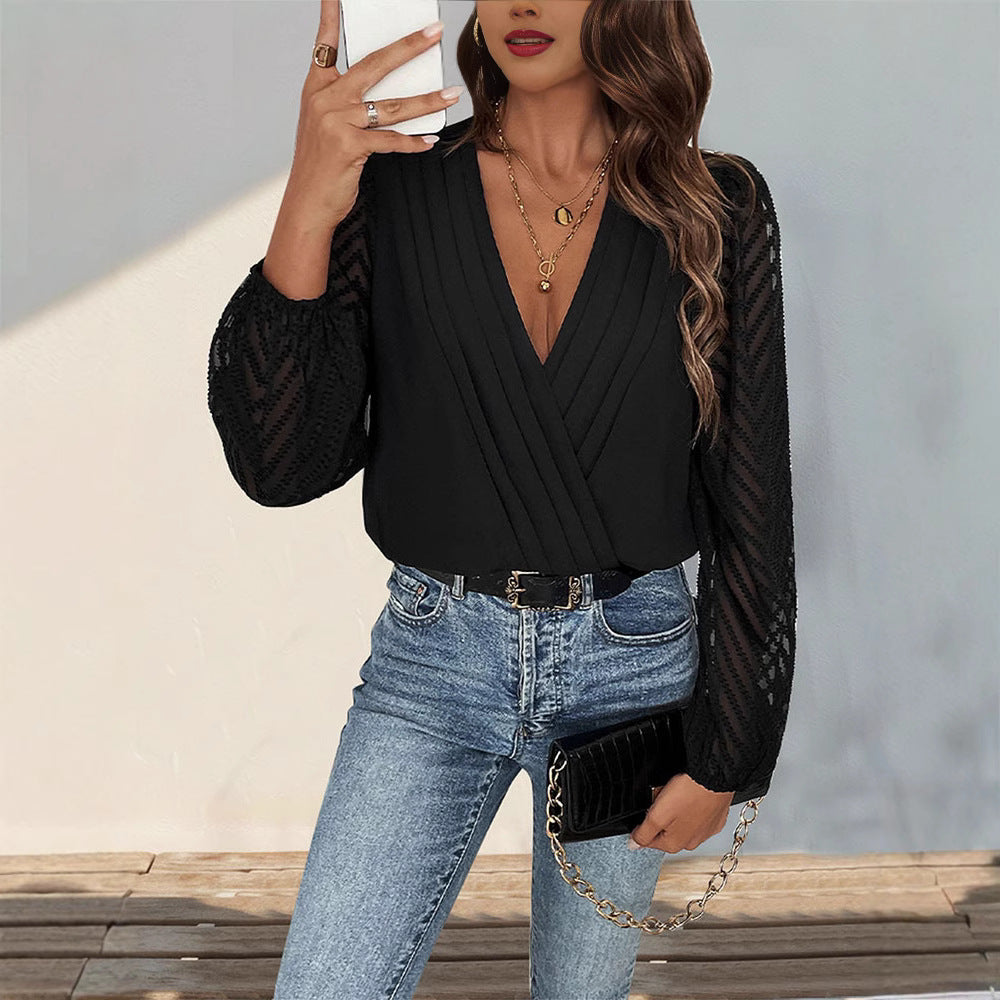 Damen elegantes Body mit voluminösen Ärmel und tiefem V-Ausschnitt R&B
