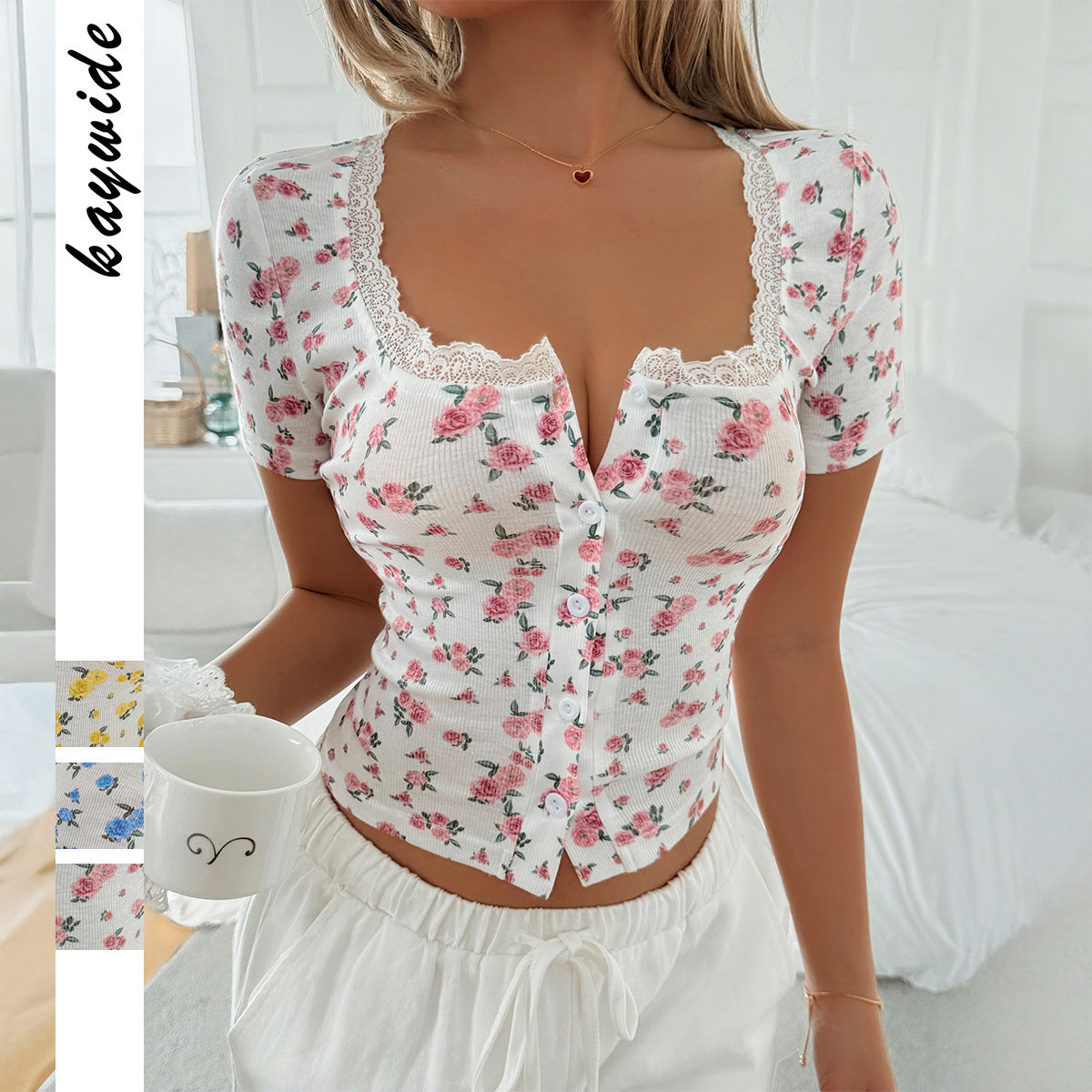 Damen Wickeloberteil mit Spitzenverzierung und floralen Details R&B