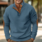 Herren nan gerippter Stehkragen-Strickpullover mit verdeckter Knopfleiste und Lederimitat-Ellenbogenbesatz R&B
