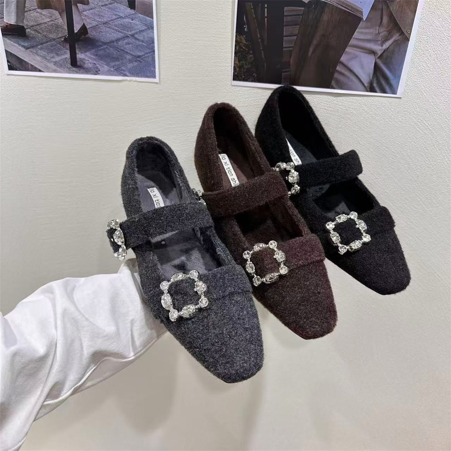 Damen elegante Filz-Mary Jane Schuhe mit schimmernden Schnallen R&B