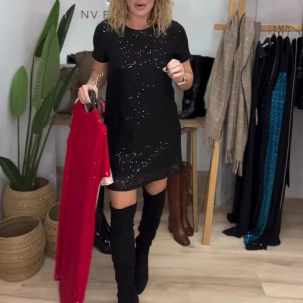 Damen Glamouröses Minikleid mit funkelnden Pailletten und elastischem Bund Heidi-Mode