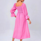 Damen Midikleid mit elastischen Puffärmeln und romantischem Taillenzug R&B