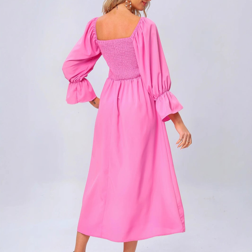 Damen Midikleid mit elastischen Puffärmeln und romantischem Taillenzug R&B