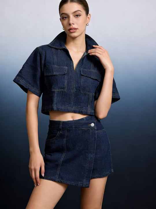 Damen modisches cropped Hemd mit aufgesetzten Taschen und lässigen Shorts R&B