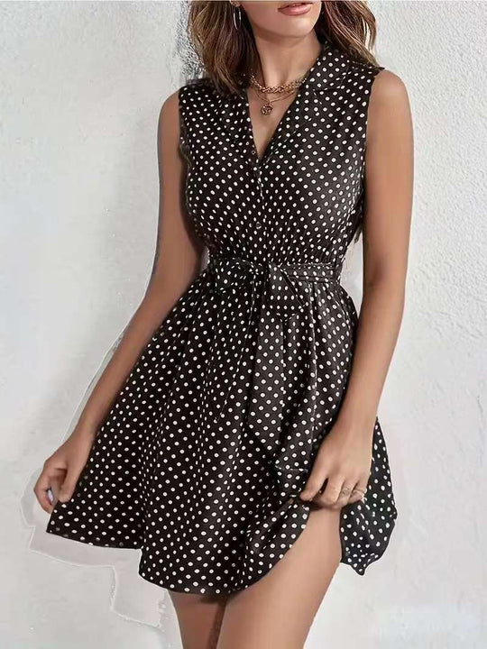 Damen Polka-Dot Blusenkleid mit tailliertem Schnitt und schwingendem Rock R&B