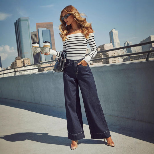 Damen Weit geschnittene Jeanshose mit hohem Bund und eleganter Naht R&B