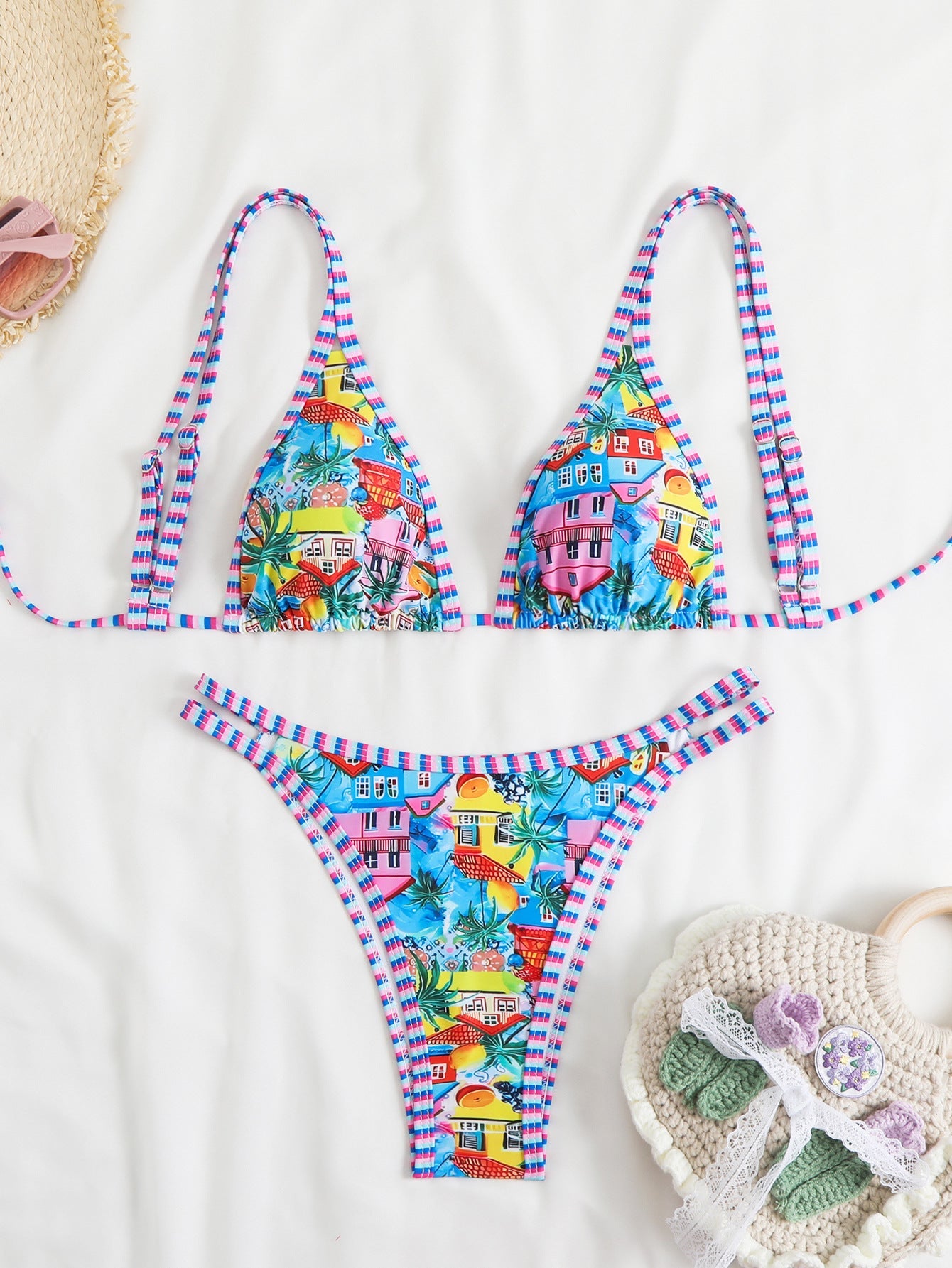 Damen Triangel-Bikini-Set mit lR&Bhaftem Strandmotiv R&B