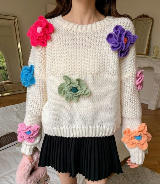 Damen Verspielter Strickpullover mit Blumenapplikationen R&B
