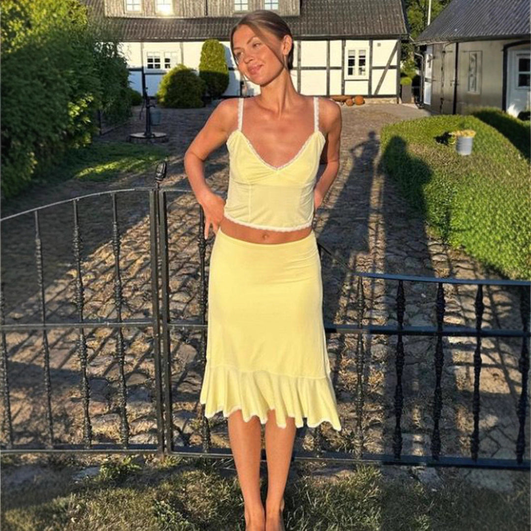 Damen elegantes Set aus Spaghetti-Trägeroberteil und wadenlangem Rock mit Rüschensaum R&B