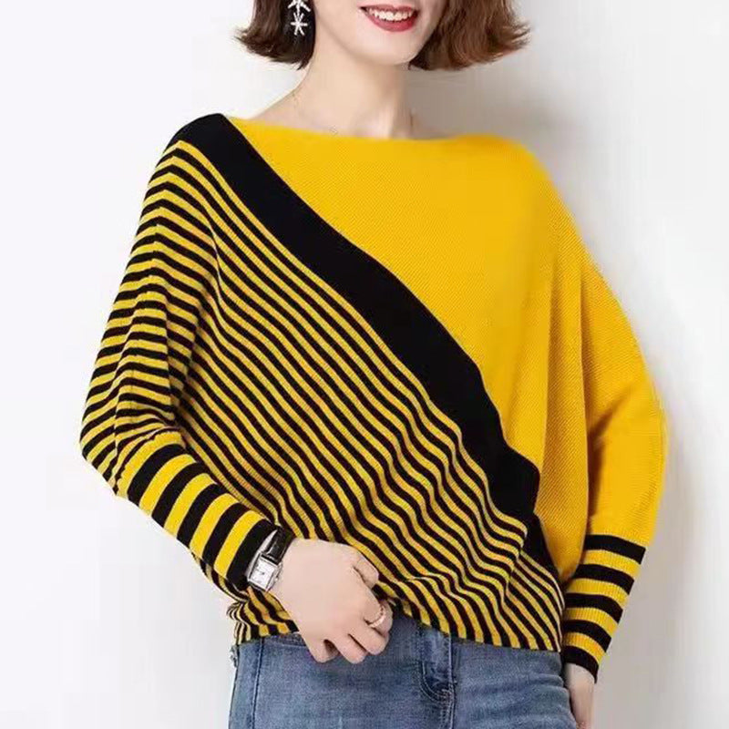 Damen modischer Strickpullover mit asymmetrischem Schnitt und grafischem Streifenmuster R&B