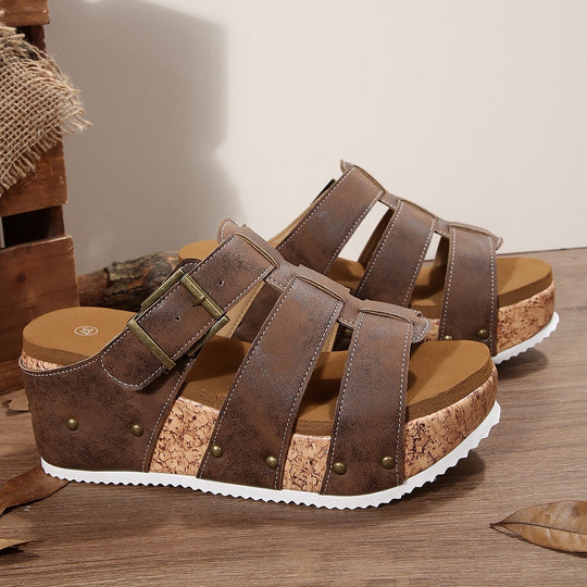 Damen modische Keil-Sandalen mit verstellbaren Riemen und korkähnlicher Sohle R&B